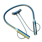Bluetooth neckband earphones worn around neck showing comfortable fit