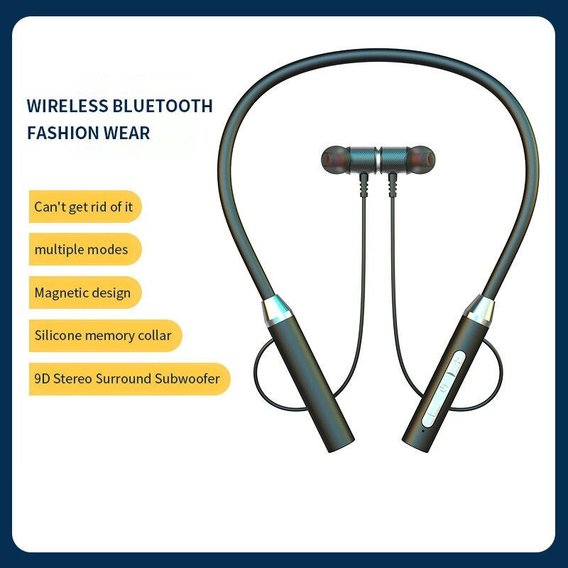 Close-up of wireless neckband earbuds with magnetic connectors