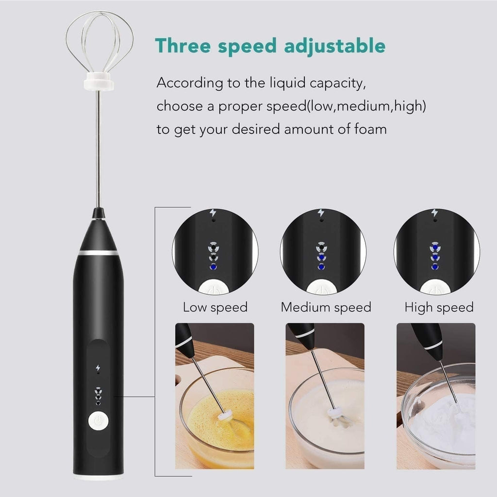 Rechargeable electric frother beating coffee foam in cup