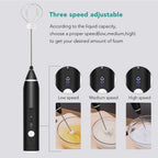 Rechargeable electric frother beating coffee foam in cup