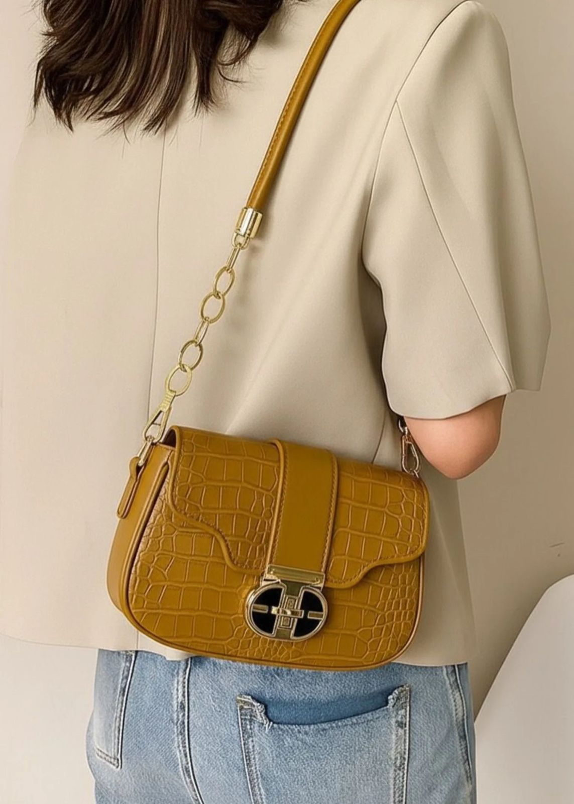 Structured shoulder bag with premium croc texture finish