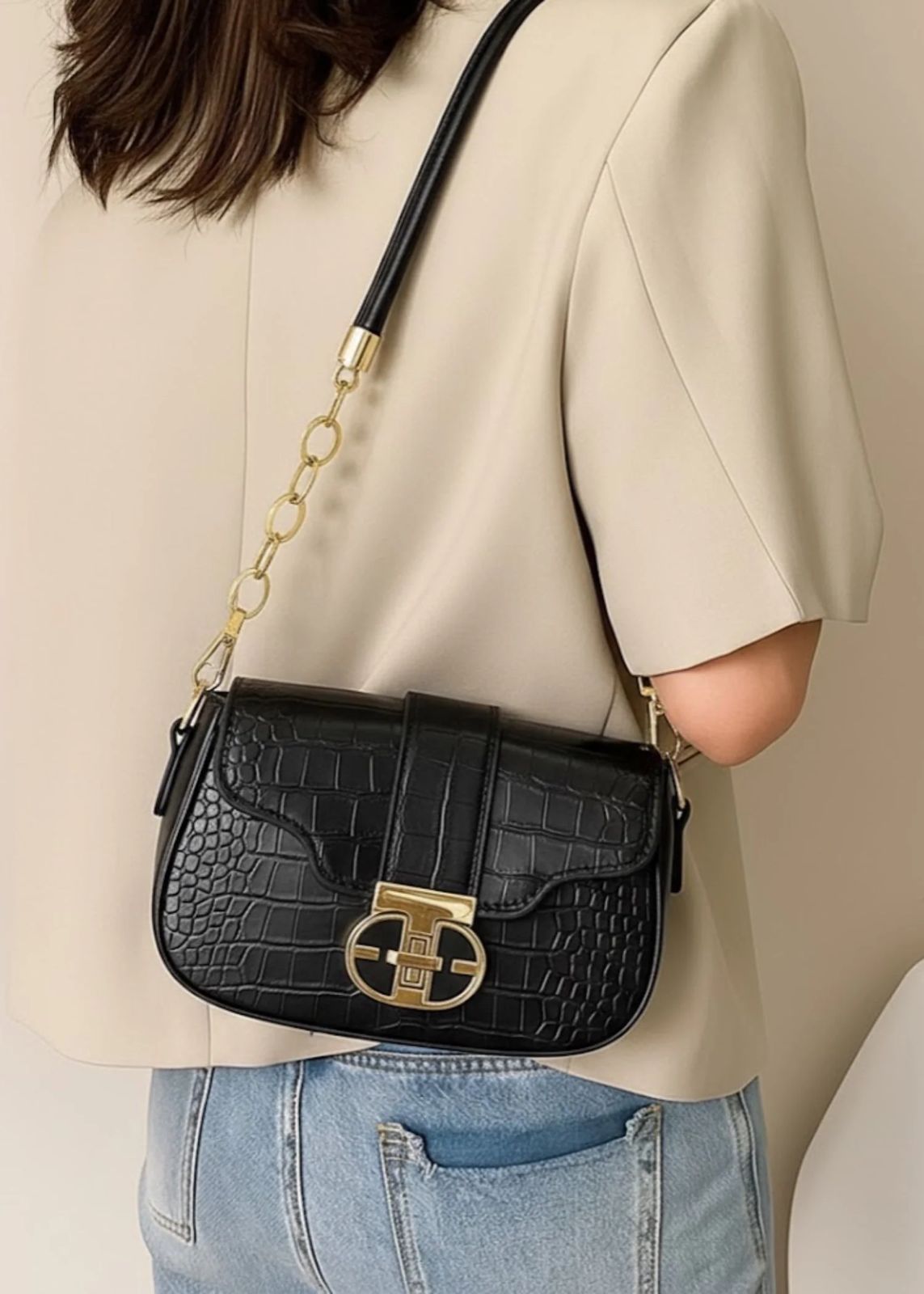 Textured croc print handbag with structured silhouette