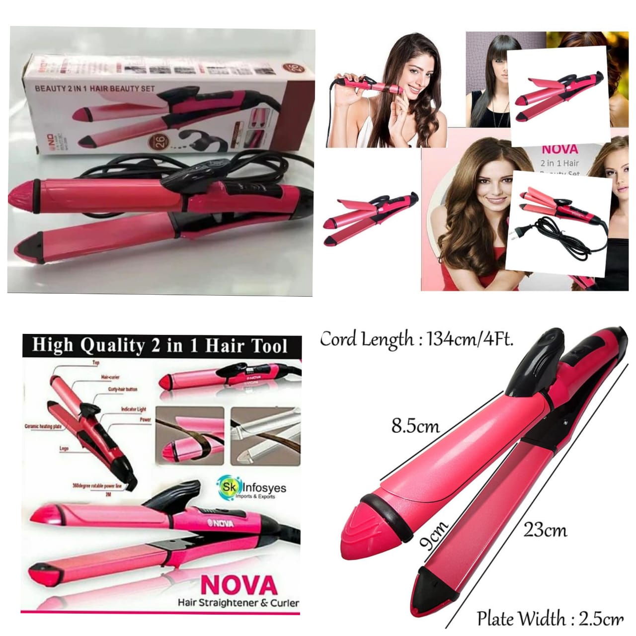 2-in-1 Nova Hair Straightener and Curler - Dual-Use Styling Tool with Ceramic Plates, Model NH-2009